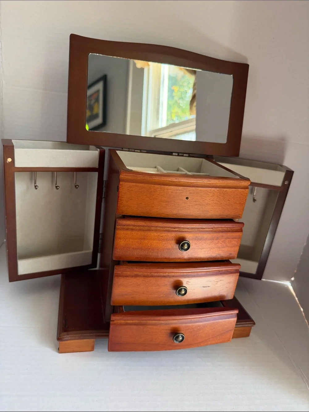 Classic Wooden Jewelry Organizer with Mirror in Brown Vintage